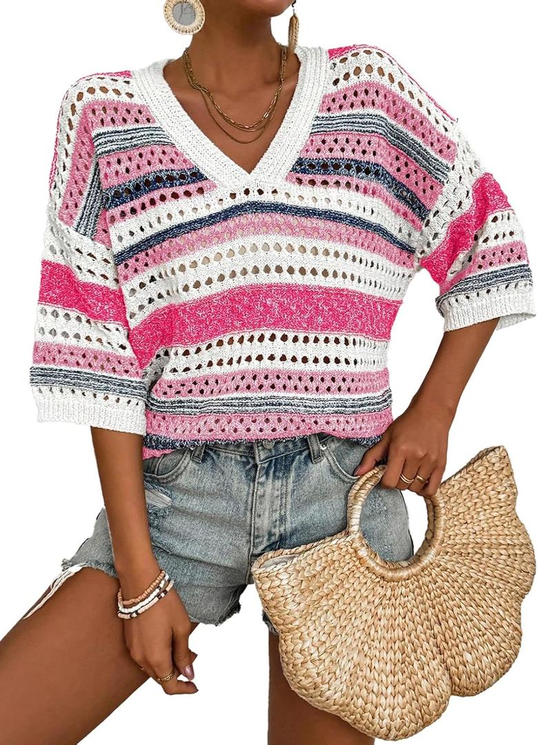 Acelitt Womens Short Sleeve Crochet Knit Sweater Hollow Out Striped Tops Beach Vacation Cruise Outfits (Pink, XS)