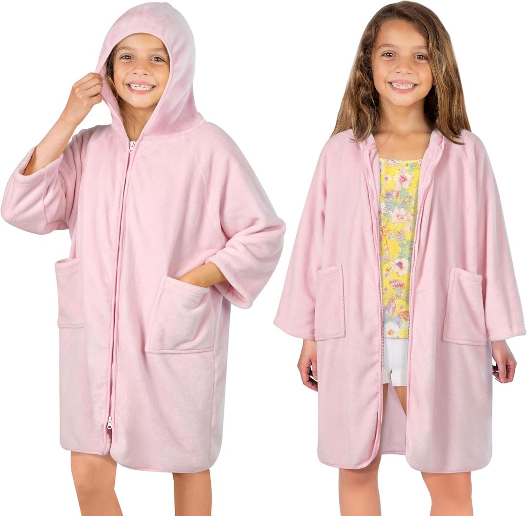 SUN CUBE Hooded Towel Robe for Kids, Zip Up Swim Parka Beach Cover Up for Girls Boys, Surf Poncho Changing Bath Towel 7-10 (Light Pink)