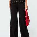 Women Y2K Fold Over Pants Rivet Foldover Wide Leg Yoga Flare Leggings Stretchy Low Waist Roll Over Bell Bottoms (Black, L)