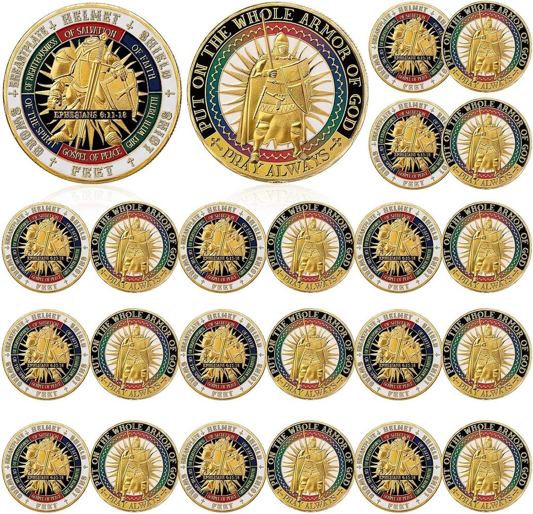 24 Pcs Put on The Whole Armor of God Coin Round Commemorative Coins Souvenir Prayer Metal Christian for Collectors Military Church Party Collectible Challenge Souvenir