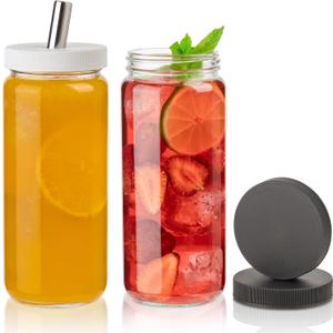 Glass Juice Bottles with Lids and Straws, 16 Oz - Set of 2 Reusable Clear Cups - For Drinking Smoothie, Iced Coffee, Juicing, Matcha, Water, Kombucha and More