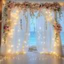 Tulle Backdrop Curtain with Lights String 20 X 8FT Ivory Sheer Tulle Backdrop Curtains for Wedding Birthday Party Reception Photo Booth Background Decorations (4 Panels 5x8FT)