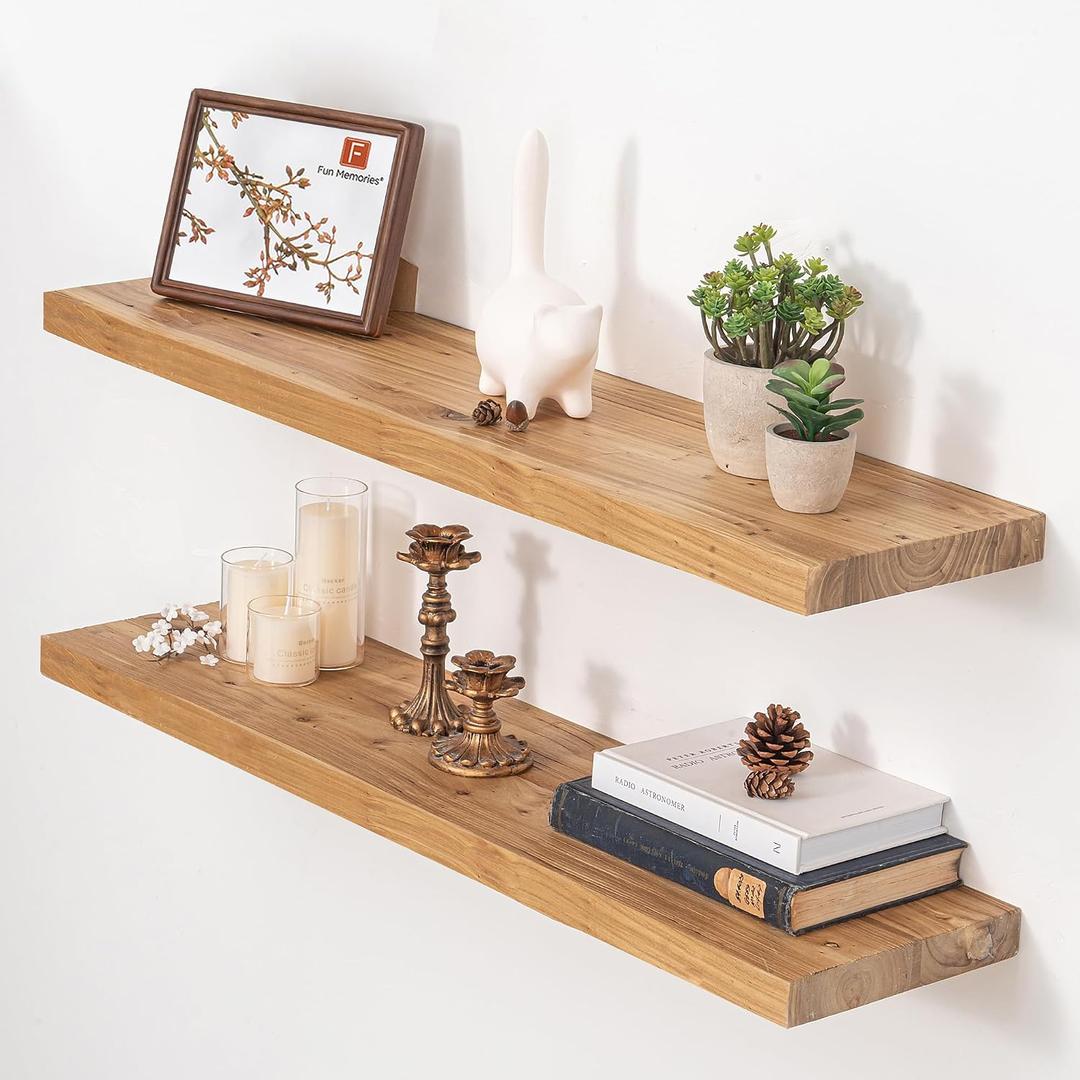Fun Memories Floating Shelves for Wall, 36"x9.3" Rustic Solid Elm Wood Shelves, Heavy-Duty Wall Mounted Shelf with Invisible Brackets, Set of 2 for Living Room, Bedroom, Kitchen, Natural Finish, Flat Edge, 36"W