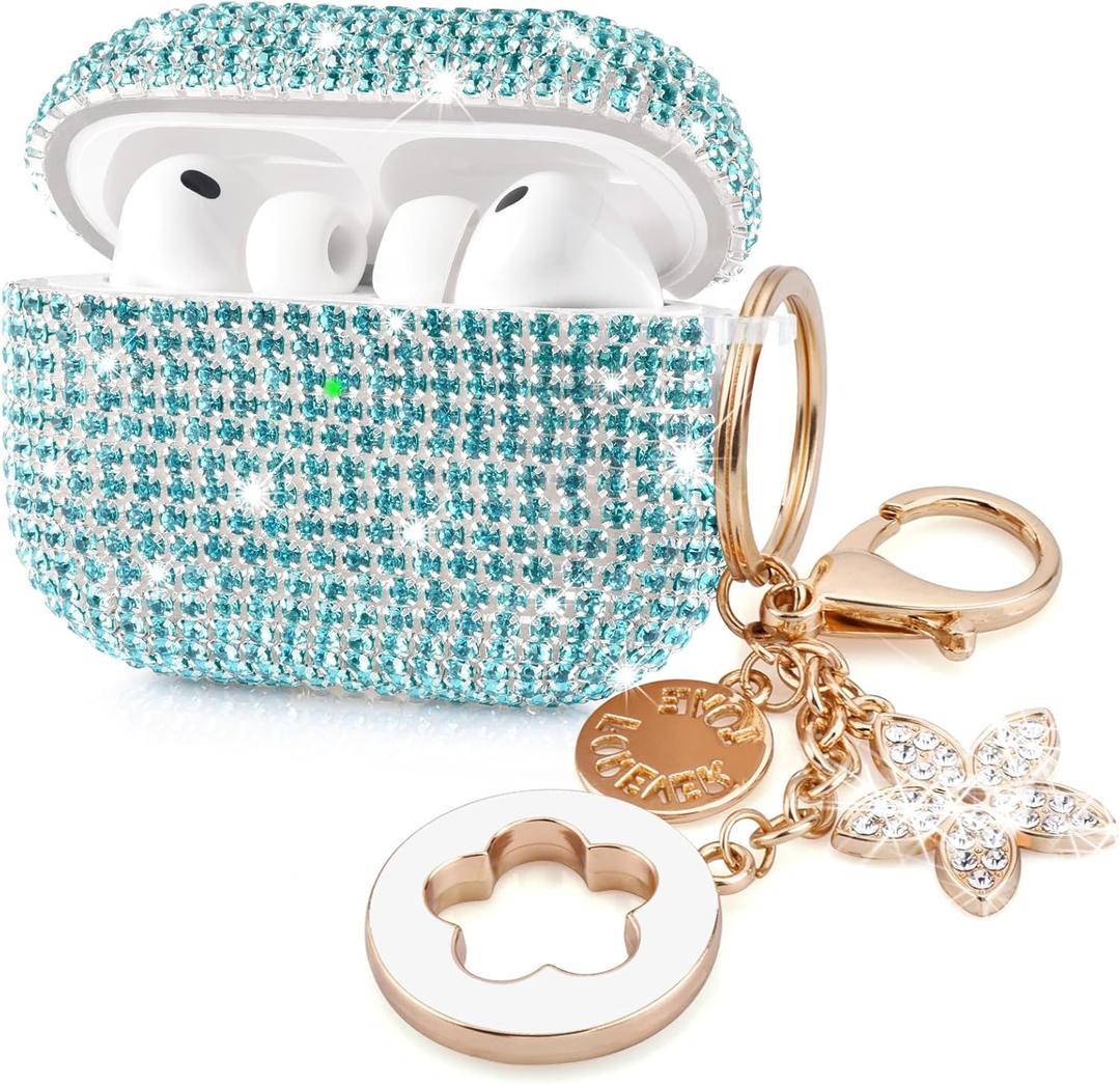 Bling Airpods iPods Pro 3 Case Cover 2025, VISOOM Rhinestone Airpods Pro 3 Cases Cute Glitter Jewelry Airpod iPod Pro3 Cases for Sparkly Apple AirPods iPods Pro 3rd Gen Case with Keychain for Women (J-Sky Cyan)