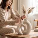 Snuggle Hollow Ceramic Vase Set of 2 for Coffee Table Decor, Donut Decorative Vases for Boho Modern Table Centerpieces Home Living Room Entryway Table Shelves Decoration (Beige W 6.3" X H 8.4")