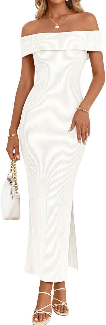 MEROKEETY Women's 2026 Off Shoulder Bodycon Midi Dress Summer Spring Formal Elegant Knit Sweater Dresses (White, L)