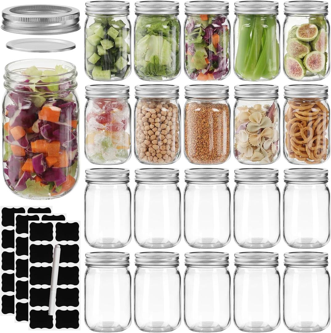 20 Pack Glass Mason Jars, 12 oz Clear Glass Jars with Regular Mouth and Silver Metal lids, Canning Jars for Food Storage, Vegetables and Dry Food, Includes 30 Black Labels