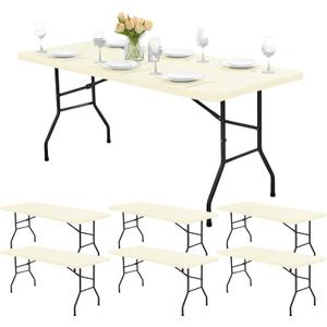 Fitted Tablecloths with Elastic - 6 Pack 4ft Folding Table Covers Rectangle, Reusable Dining Table Protector for Outdoor Picnic Party Camping, 30x48 Inch, Beige