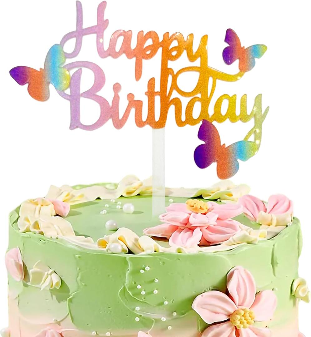 Happy Birthday Cake Topper Colourful Acrylic Butterfly Cake Topper Glitter Butterfly Cake Topper Suitable for All Kinds of Birthday Party, Anniversary Cake, Pastry Decoration Supplies