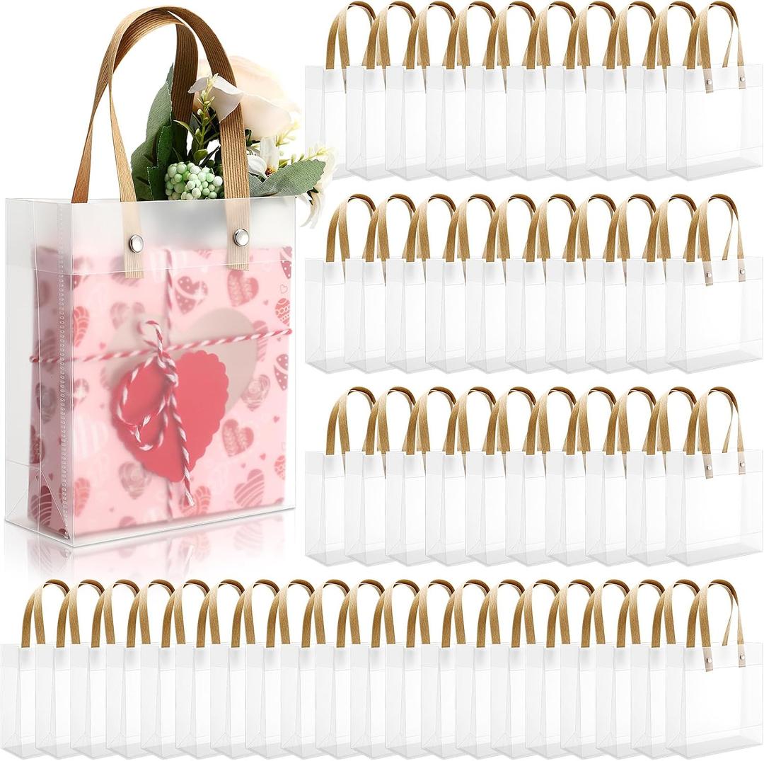 Qilery Clear Frosted Gift Bags with Handles, 5.9 x 5.1 x 2.36 Inches Small Transparent Party Favor Bag Plastic Goodie Bags for Mother's Day Wedding Baby Shower Birthday Graduation DIY(50,Brown)