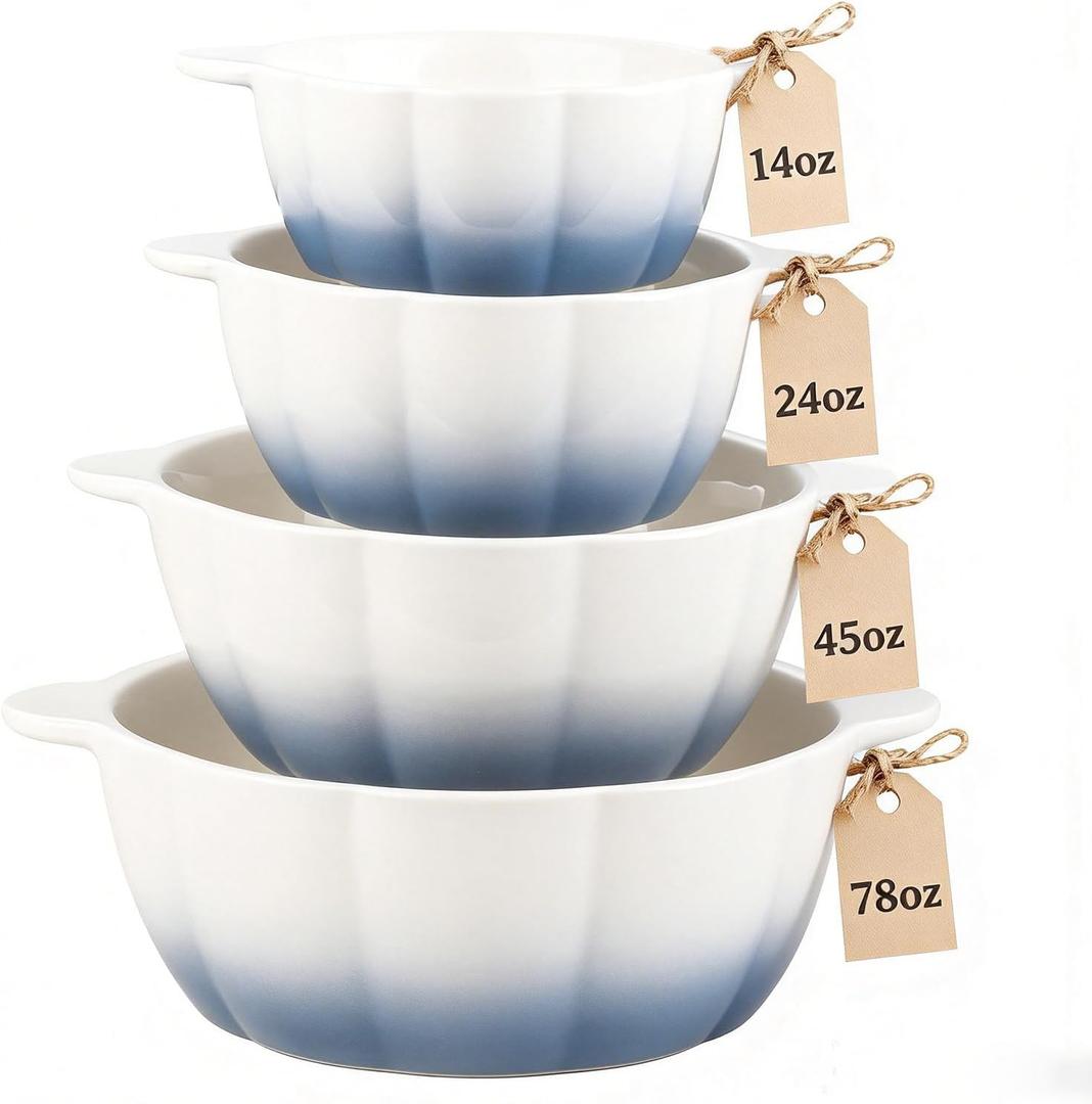 Large Soup Bowls Set of 4, Pumpkin Microwave Mixing Bowls with Handle, Ceramic Serving Bowls for Prepping, Pasta, Salad - Kitchen Cooking and Baking Supplies, Mothers Day Gift