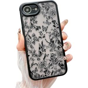 Weonmov for iPhone 16e Case, Flowers Butterfly Slim Hard PC Frosted Shockproof Drop Protection Cover, Translucent Matte Floral Phone Case for Women Girls 6.1" - Black
