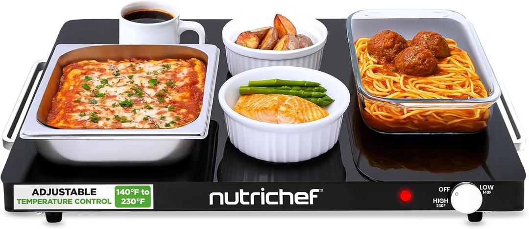 NutriChef Electric Warming Tray | Glass Surface Hot Serving Tray | Adjustable Temperature 140F to 230F | Energy Efficient & Space Saving | Perfect for Buffets,Parties & More | 21.2 x 16.5 IN | Black
