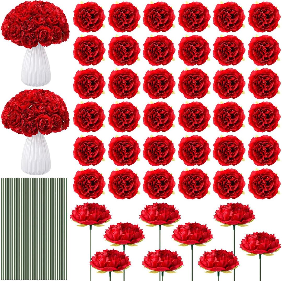 Thiccywoov 200 Pcs Flowers Long Stem Artificial Rose Bulk, 3.2 Inches Silk Rose Head Flowers Faux for Wedding Bridal Bouquet Independence Day Home Floral DIY Centerpieces Party Decoration(Red)