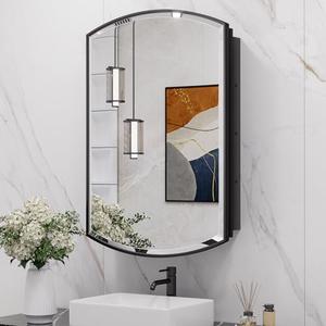 Keonjinn Black Medicine Cabinet with Mirror 20 x 30, Metal Framed Wall Cabinet with Beveled Mirror, Surface Mount or Recessed Arched Medicine Cabinet for Bathroom, Bathroom Mirror with Storage