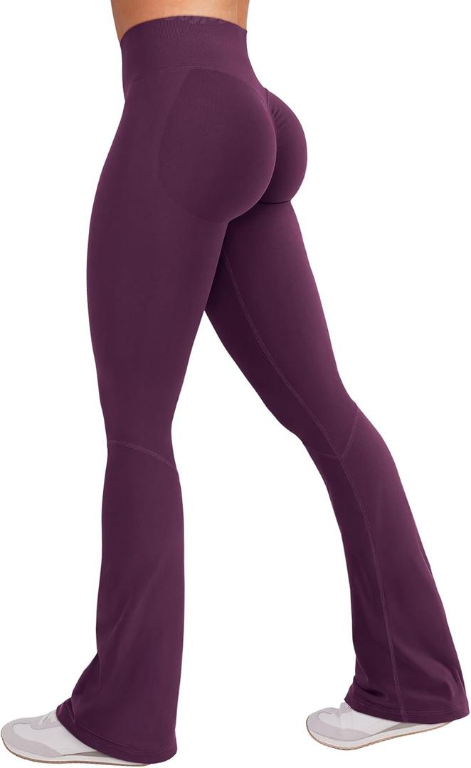 VOYJOY Women Mini Flared Leggings Hidden Scrunch Gym Pants Impact Seamless Workout Butt Lift Compression Flare Bootcut (Small, Black Cherry)