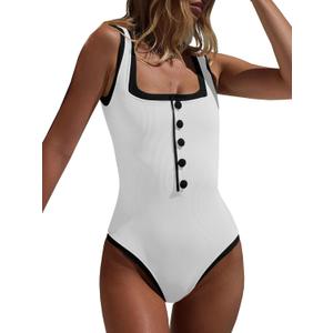 Saodimallsu Womens One Piece Swimsuit Vintage Ribbed Slimming High Cut Color Block Button Square Neck Bathing Suit (White, S)