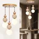 3-Light Spherical Wabi Sabi Travertine Stone Fixture Pendant Light | Nordic Wood Chandelier, Japandi Japanese Style Scandinavian Lamp for Kitchen Islands, Dining & Living Rooms (Log Color)