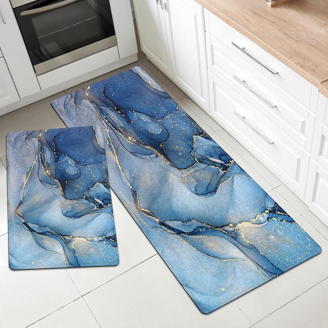 MAYHMYO Kitchen Mat for Floor Blue Turquoise Golden Marble Kitchen Rugs and Mats Non Skid Washable 17"X48"+17"X24" Set of 2 Abstract Kitchen Floor Rugs Mats for Dining Room Floor Home Sink Laundry