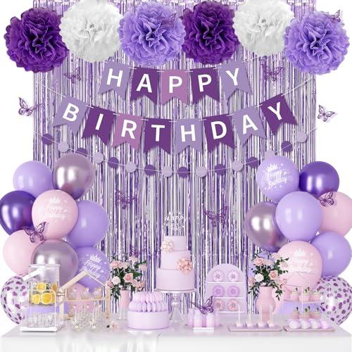Purple Birthday Decorations for Women Girls, Lavender Pink Confetti Metallic Printed Balloons Butterfly Stickers Fringe Curtain Happy Birthday Banner Circle Dots Garland Paper Pompoms Party Supplies