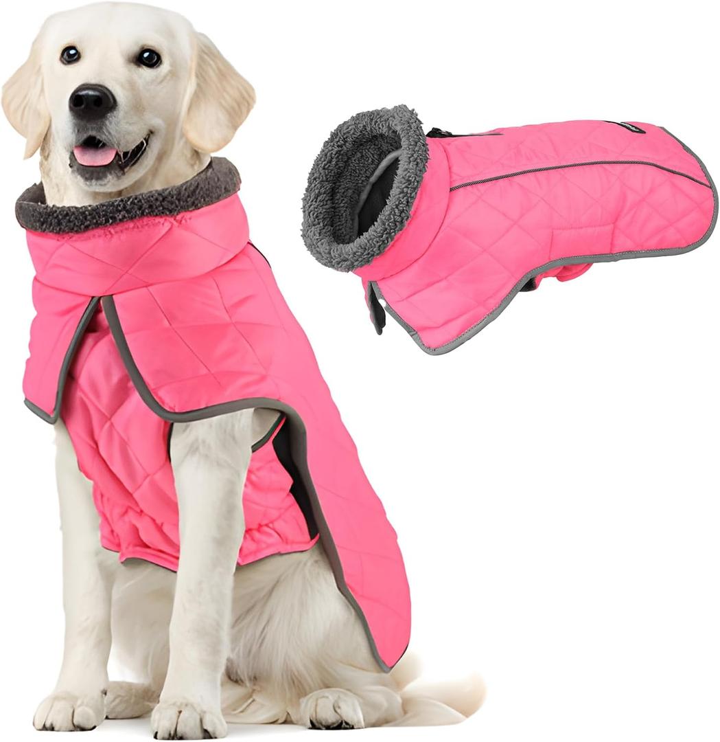 Fragralley Dog Coat Large, Waterproof Dog Jacket with Warm Fleece Lining, Adjustable Reflective Dogs Winter Coat, Turtleneck Pet Coats for Cold Weather (Pink L)