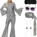 70s Disco Costume for Women - 1970s Disco Outfit with Wig, Earrings, glasses, Necklace, Headband, Sequin Top & Bell Bottoms (X-Large, Silver)