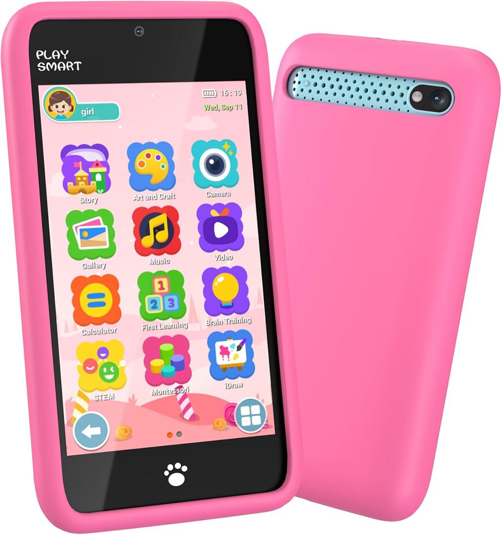 MOMILLA Kids Phone for Girls, 3.97" Touchscreen Kids Smart Phone, Toy Phones with 200+ Games, Dual Camera, Parent Mode, 16GB Card, White Noise, Silicone Case, Birthday Gift for Girls