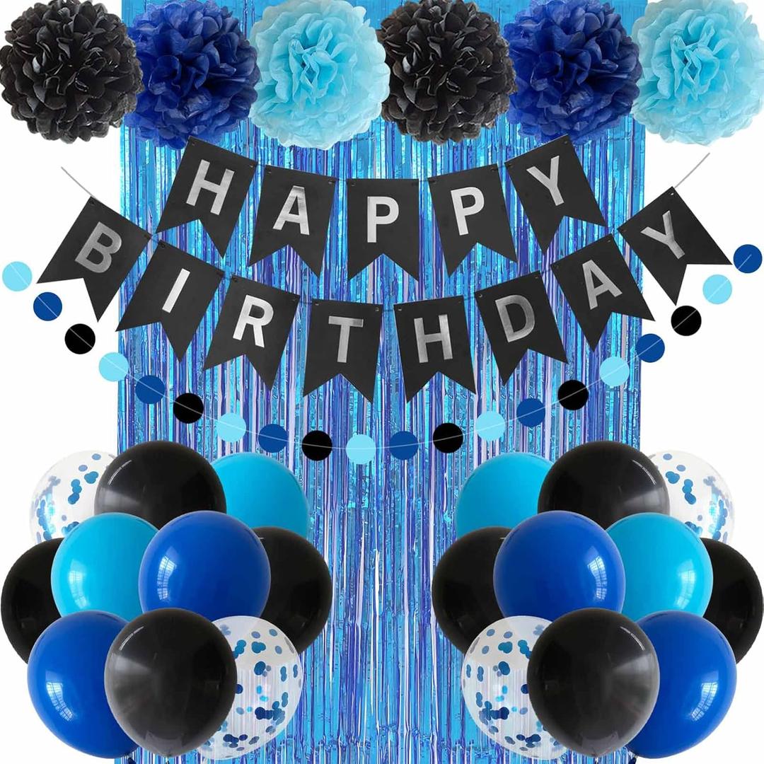 ANSOMO Blue and Black Happy Birthday Party Decorations for Boys Men Banner Balloons Navy Royal Light Blue Pom Poms Foil Curtain Dcor Supplies 13th 16th 18th 20th 30th 40th 50th 60th 70th 80th