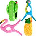 4 Pieces Beach Towel Clips Jumbo Size Towel Clips for Beach Chairs Flamingo Parrot Cactus Pineapple Plastic Lounge Chair Clamps Portable Towel Holders for Home Pool Lounge Supplies Accessories