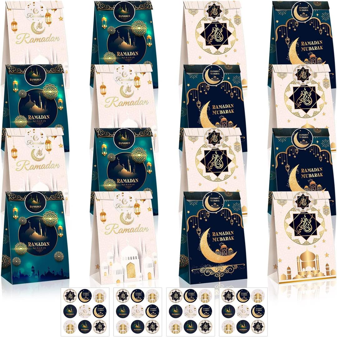 Tinlade 24 Pcs Eid Mubarak Party Favor Bags with Stickers 4 Styles Goodie Candy Paper Ramadan Treat Bags Party Favor Muslim Ramadan Gift for Eid Supplies Decoration