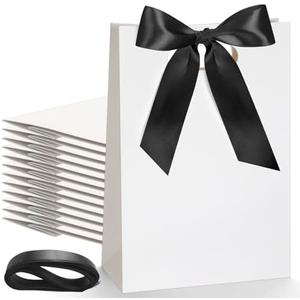 Aliceset 12 Pcs Small Thank You Bridesmaid Gift Bags 10 x 7 x 3.15'' with Die Cut Handles Compact Bags with Bow Ribbon for Wedding Baby Shower Birthday Party Favors(White,Black)