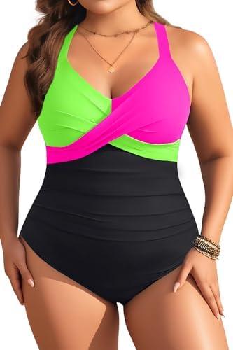 Aqua Eve Plus Size One Piece Swimsuit - Women's Tummy Control Bathing Suit Retro Full Coverage Swimwear 2025, Size 18W