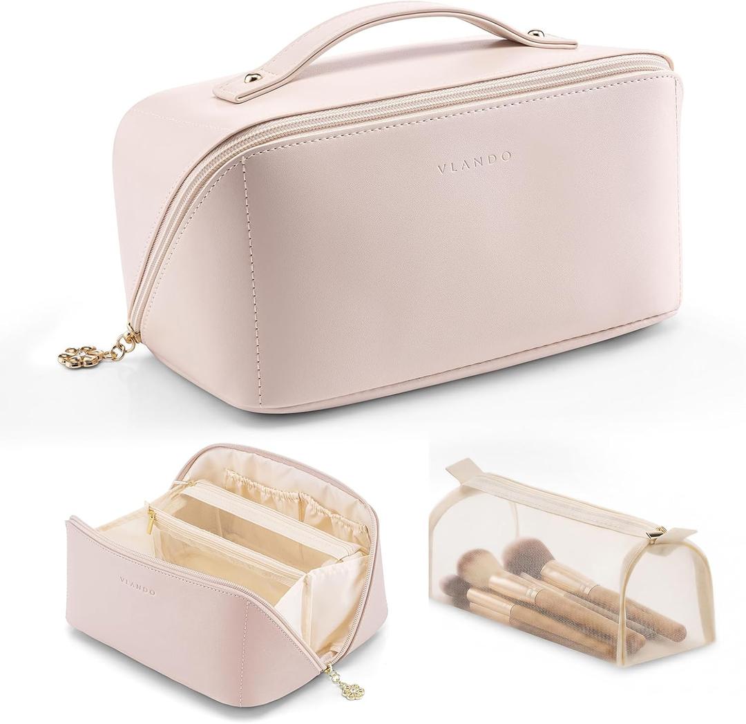 VLANDO Makeup Bag,Travel Toiletry Bag,Cosmetic Bag for Women PU Leather Portable Make up Bag for Skincare, Brushes & Travel Essentials-Apricot Pink