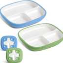 Domensi 2 Set Kids Porcelain Plates with Silicone Sleeves 8.2 Inch Divided Porcelain Plate Toddler White Suction Dishes for Baby Troubleless Eating Microwave Dishwasher Safe (Vivid)