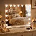 Makeup Vanity Mirror with 15 Dimmable LED Bulbs，23"x18" Large Vanity Mirror with 3 Color Lights，Detachable 10X Magnifying Mirror，White Vanity Lighted Mirror for Tabletop and Wall Mounted
