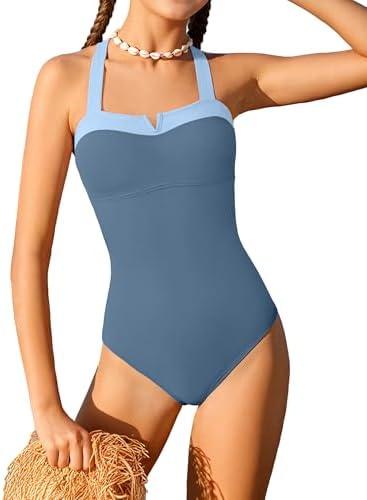 Shallmu Girls One Piece Swimsuits Color Block Dual Crossback Straps with Cover Up Skirt Girl's Swimwear, Blue, 15-16Y