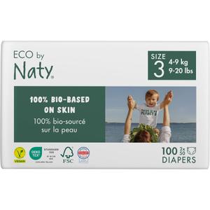 Eco by Naty Eco-Friendly Baby Diapers - 100% Plant-Based Materials on Skin, Soft, for Sensitive Skin & Super Absorbent (Size 3, 100 Count)