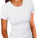 PALINDA Women's Crew Neck Ribbed Fitted Shirt Basic Short Sleeves Summer T Shirt Tops Mediu