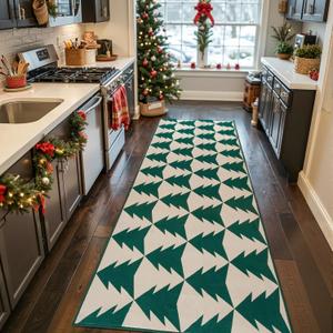 jinchan Christmas Runner Rug 3x8 for Kitchen Holiday Rug for Hallway Kitchen Green Christmas Tree Printed Winter Xmas Decor Washable Runner for Entryway Bedroom Non-Slip