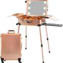 Large Makeup Train Case with Speaker & Code Lock & Full Screen Lighted Mirror & 3 Light Colors Lighted Rolling Cosmetic Organizer, Professional Artist Trolley Studio Free Standing