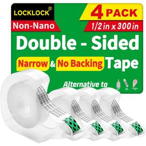 Double Sided Tape, Light Duty Permanent Tape with Dispenser, Narrow Width, Translucent, 4 Pack, 1/2 x 300 inches, Double Stick Tape for Crafts, Arts Projects, Gifts Wrapping, Office School Supplies.