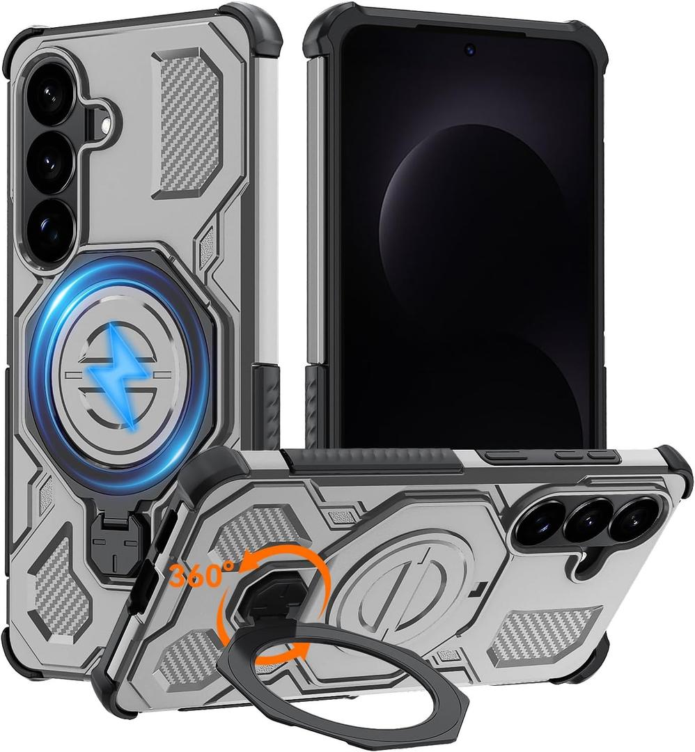 for Samsung S26 Case with 360 Spin Magnetic Stand, [Compatible with MagSafe][Military-Grade Protection], Heavy Duty Magnetic Phone Case ONLY for Galaxy S26 (Gray)