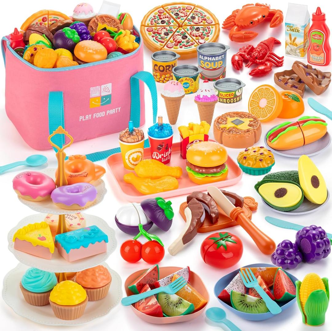 EFOSHM Pretend Play Food Sets for Kids Kitchen, Cutting Toy Food for Toddlers, Play Kitchen Accessories with Storage Bag, Fake Food Fruit Dessert Pizza, 3 4 5 6 Years Boys Girls Gift