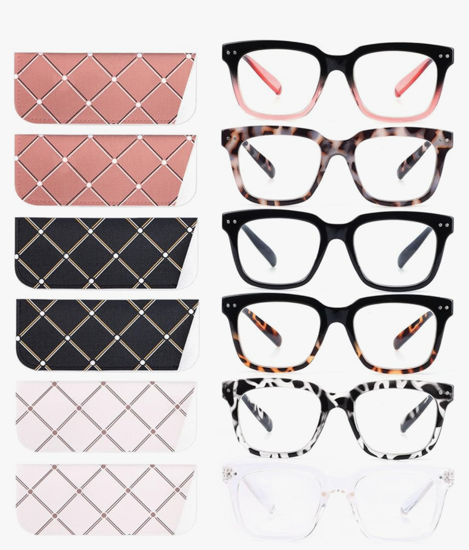6 Pack Fashion Reading Glasses for Women Men Blue Light Blocking Oversized Square Readers with Spring Hinge +1.75