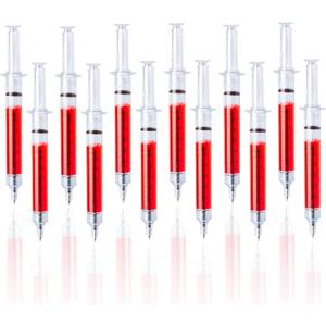 Red Syringe Pens - Fun & Retractable BallPoint with Black Ink - Smooth Writing, Comfortable Grip & Lightweight Novelty Pens - Perfect for Nurses, Doctors | 12PCS