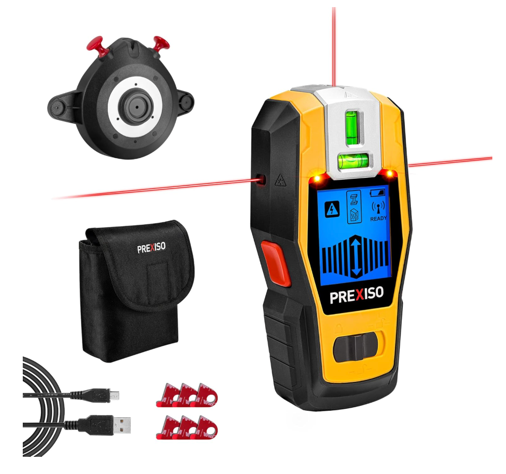 PREXISO 2in1 Stud Finder with Laser Level, Rechargeable Multi Surface Cross Line Laser & Wall Stud Scanners Tool for Hanging Frames & Picture, Wood Ac Wire Metal Studs Joist Pipe Detection