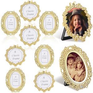 Qunclay 8 Pcs One-inch Mini Vintage Picture Frame Tiny Metal Picture Frames Antique Mini Photo Frame Wallet for Christmas Tabletop and Wall Display Old Fashioned Photo Gallery Art Decor
