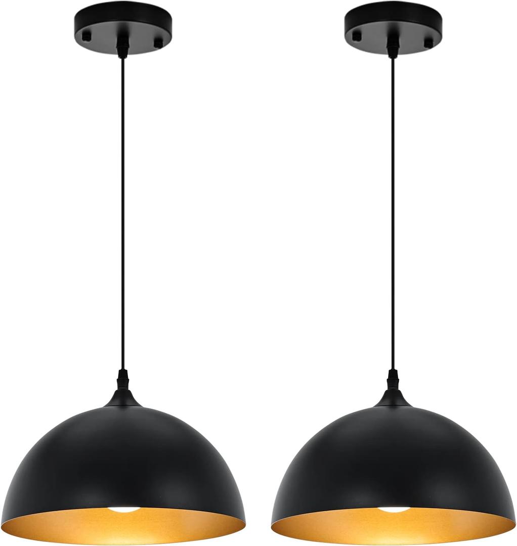 Farmhouse Pendant Lighting for Kitchen Island,Black and Gold Dome Pendant Light Fixtures, Industrial Hanging Ceiling Light for Dining Room Foyer Cafe Kitchen Sink,2 Pack, 11.8inch-Ceiling