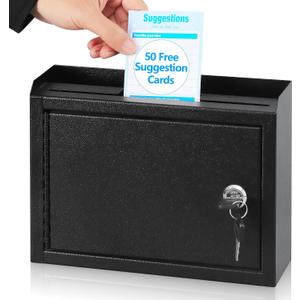 KYODOLED Suggestion Box with Lock and Slot, Small Locking Mailbox for Office, Wall Mount Safe Money/Key Drop Box with 50 Free Suggestion Cards, 9.8" W x 3" D x 7" H, Black