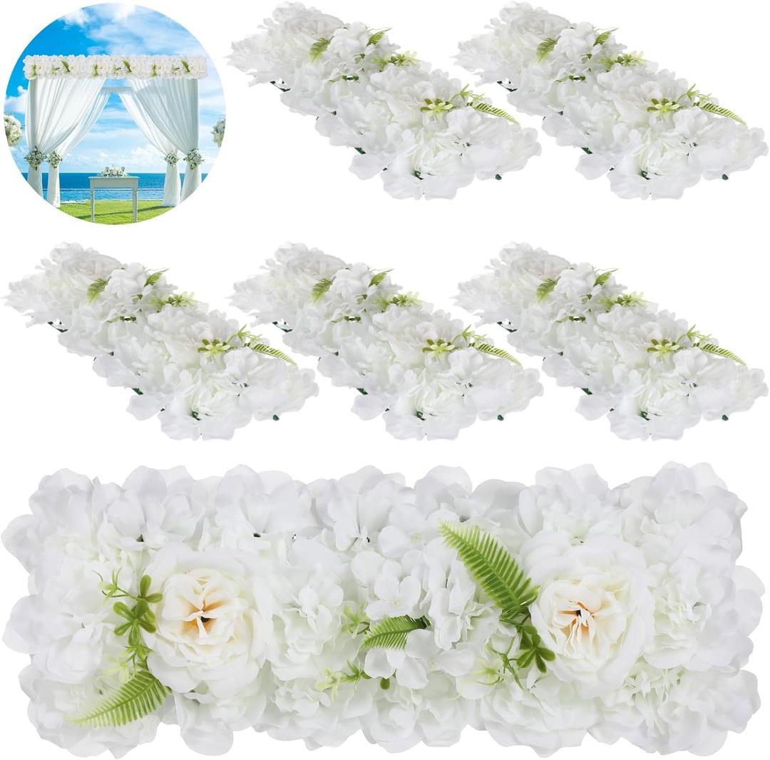 6 Pcs Artificial Flower Panels, Wedding Arch Faux White Hydrangea Swags, White Flowers for Backdrop, Wall Decor, Table Centerpiece Flower Row, Aisle Runner Embellishment
